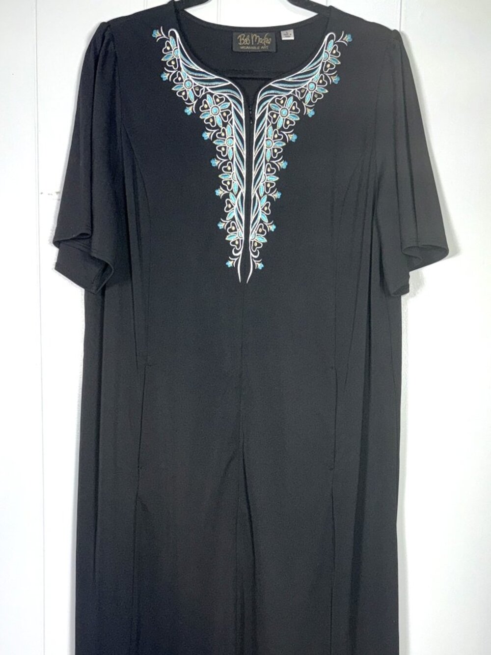 Bob Mackie Wearable Art Black Floral Kaftan House Robe Cover-Up Zip Maxi Dress L